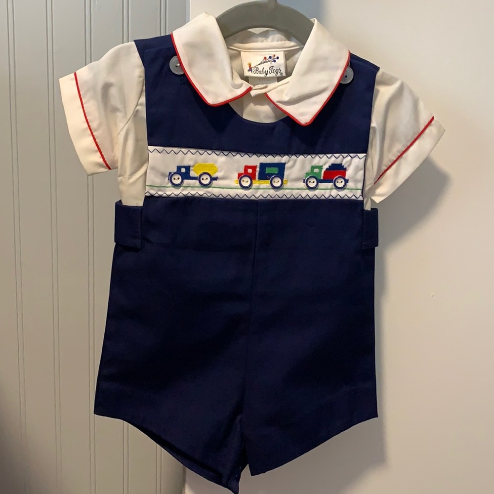 Boy 2 piece collared romper with trucks